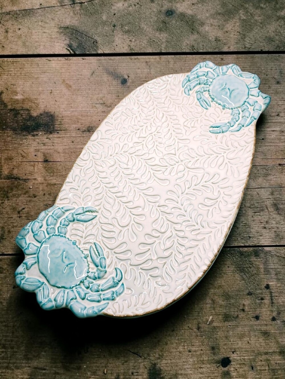 Cracker Barrel Time Flies Blue Crab Oval Tray Platter Glazed Stoneware Dining